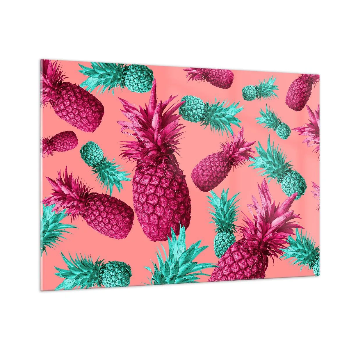 Impression sur verre - Image sur verre - Ananas colorés dans des tons de rose et de vert sur fond rose - 100x70cm - La liberté est douce - Décoration murale moderne pour le salon et la chambre ARTTOR
