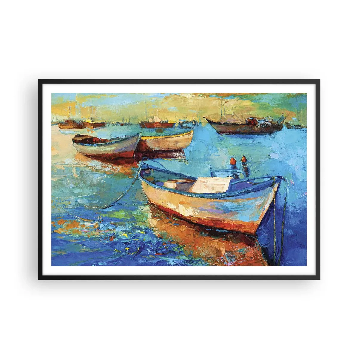 Affiche dans un cadre noir - Poster - Bateaux colorés amarrés sur une eau calme - 100x70cm - Dans la baie du sud - Décoration murale moderne pour le salon et la chambre ARTTOR