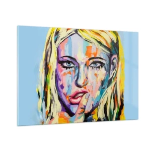 Impression sur verre - Image sur verre - Un portrait coloré d'une femme avec une expression réfléchie - 100x70cm - Regarde-la droit dans les yeux - Décoration murale moderne pour le salon et la chambre ARTTOR