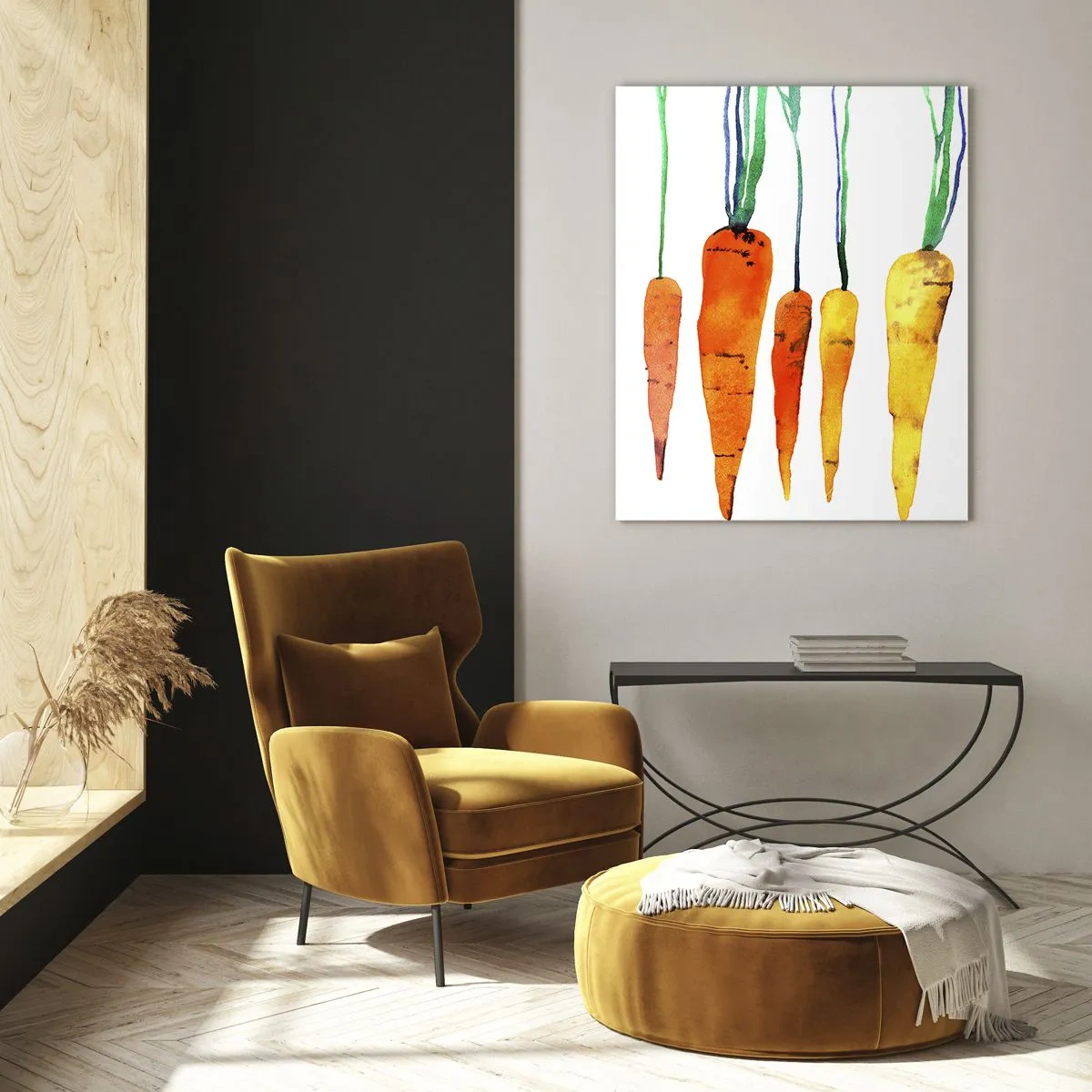 Impression sur verre - Image sur verre - Carottes à l'aquarelle dans différentes nuances sur fond blanc - 80x120cm - La beauté de l'ordinaire - Décoration murale moderne pour le salon et la chambre ARTTOR