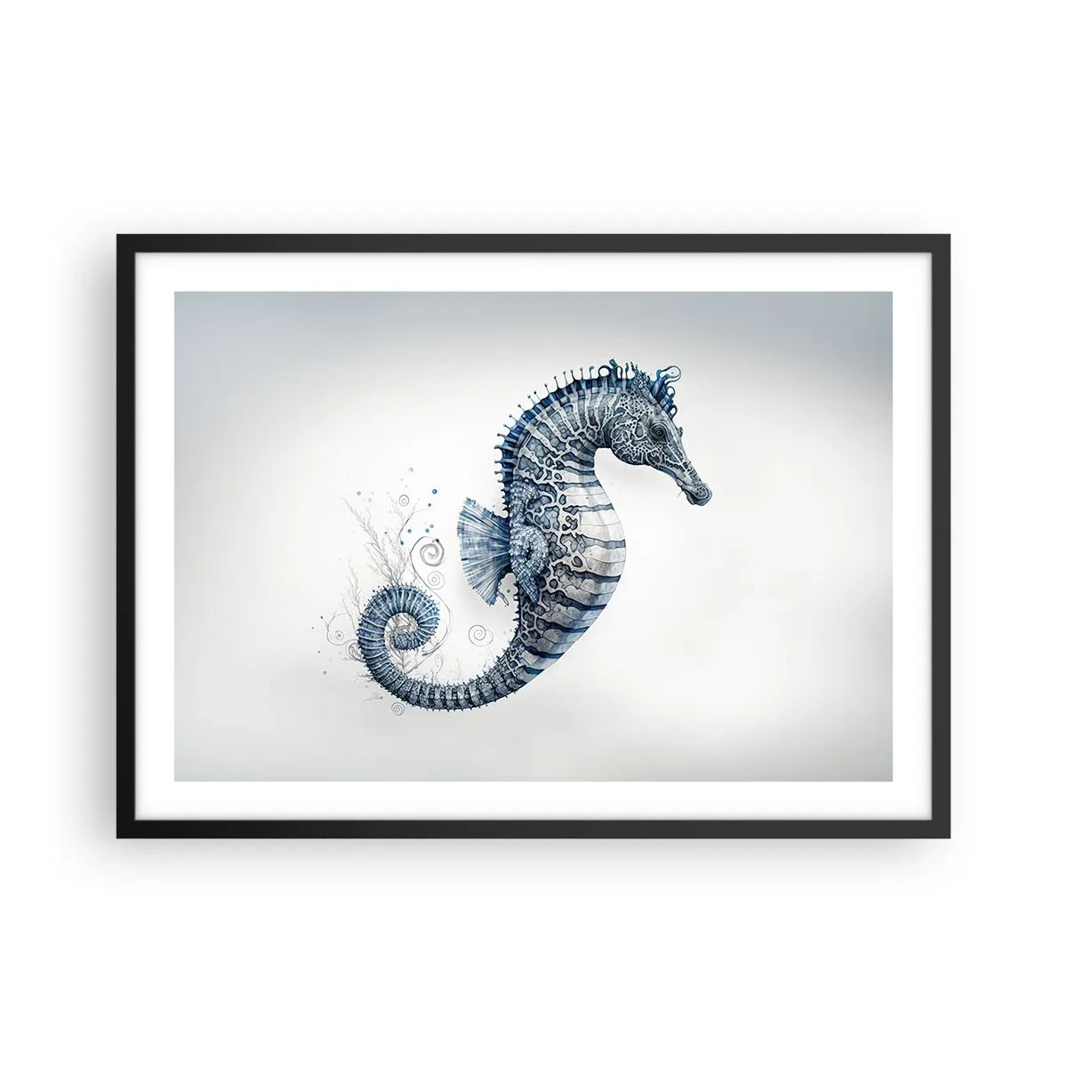 Affiche dans un cadre noir - Poster - Hippocampe dans des tons de bleu avec des détails à l'aquarelle - 70x50cm - Une subtile plaisanterie de la nature - Décoration murale moderne pour le salon et la chambre ARTTOR