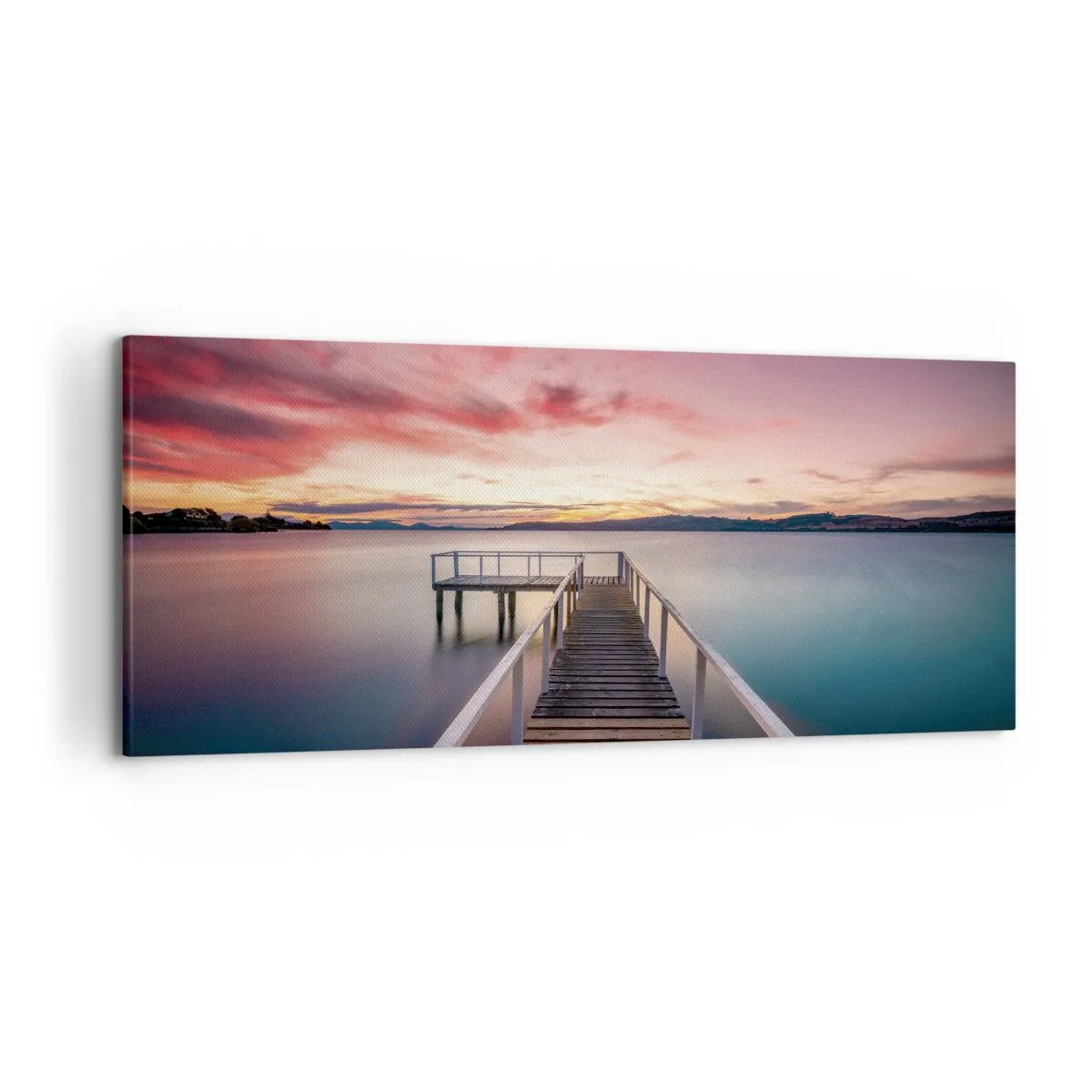 Impression sur toile - Image sur toile - Une jetée menant à un lac tranquille au coucher du soleil - 120x50cm - La douce flamme du soir - Décoration murale moderne pour le salon et la chambre ARTTOR