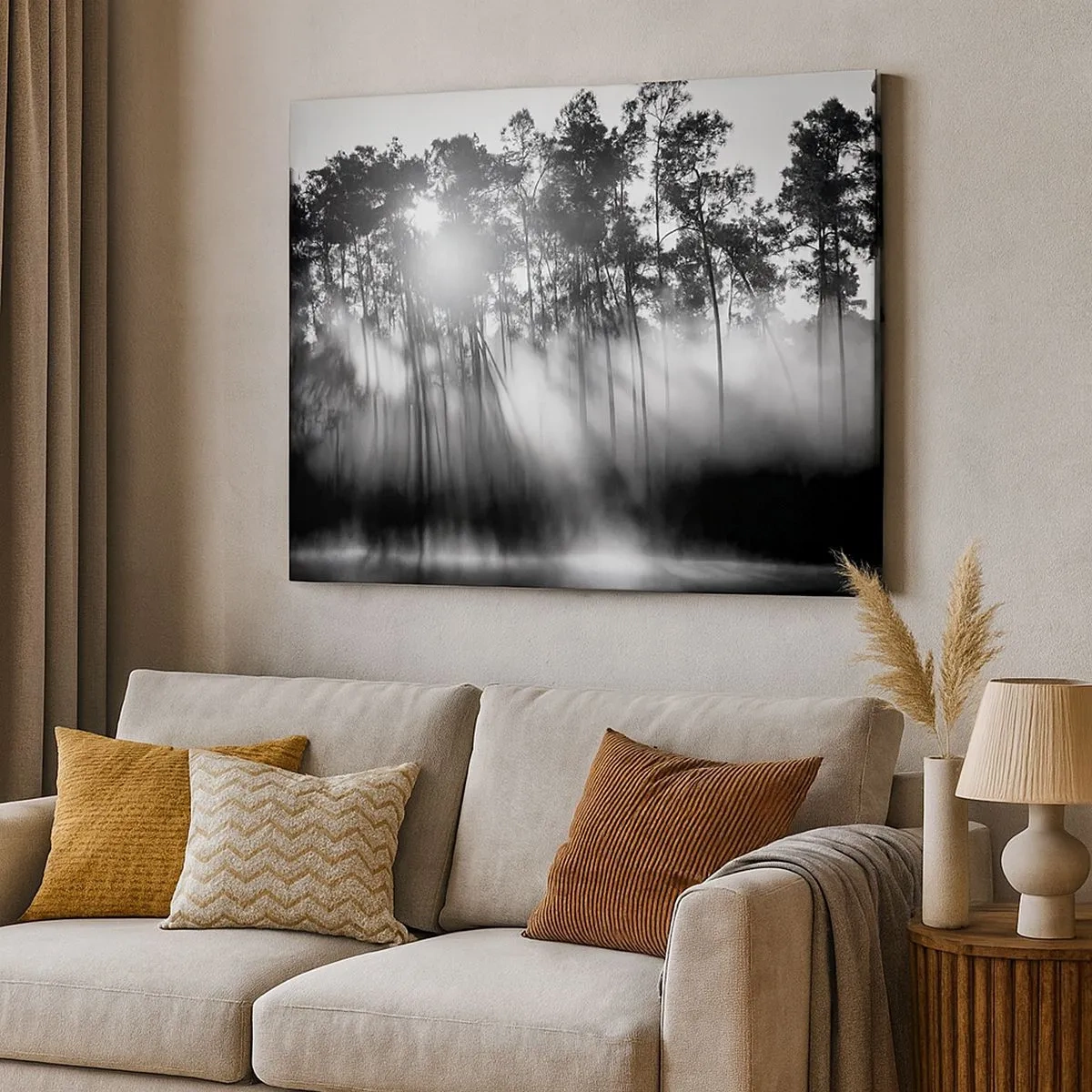 Impression sur toile - Image sur toile - Forêt noire et blanche dans le brouillard du matin - 70x50cm - Soleil inarrêtable - Décoration murale moderne pour le salon et la chambre ARTTOR
