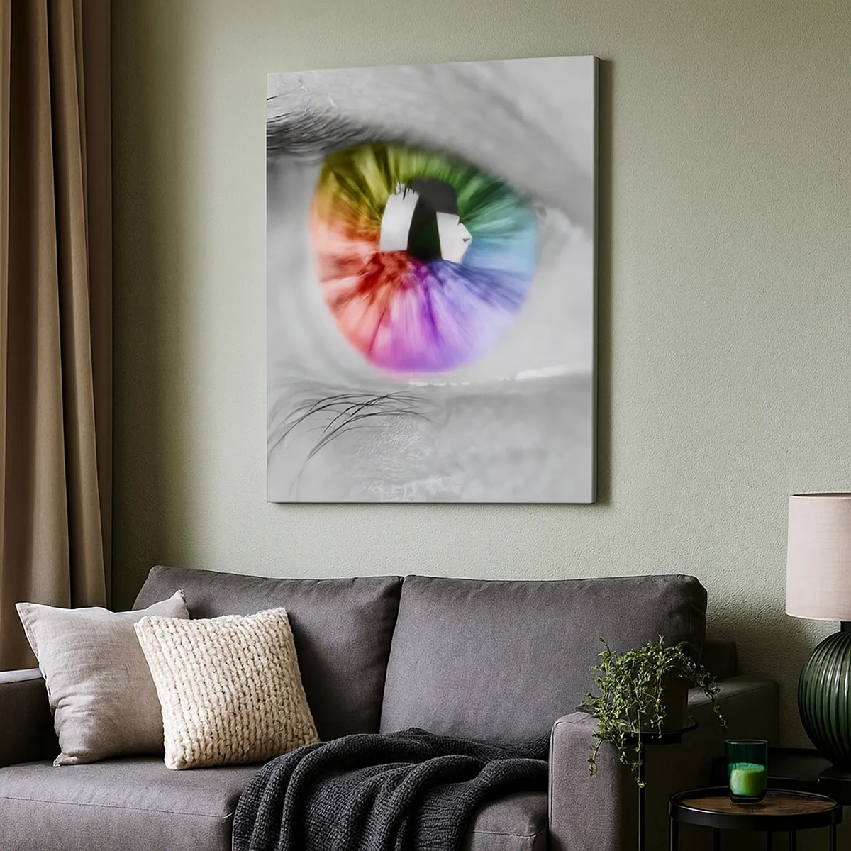 Impression sur toile - Image sur toile - Prise de vue artistique d'un œil avec un iris arc-en-ciel sur fond gris - 50x70cm - Regarde le monde en couleur - Décoration murale moderne pour le salon et la chambre ARTTOR