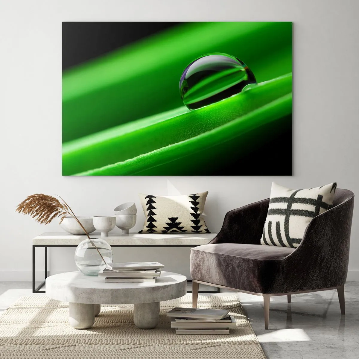 Impression sur verre - Image sur verre - Une goutte de rosée sur une feuille verte - 120x80cm - La vie de près - Décoration murale moderne pour le salon et la chambre ARTTOR