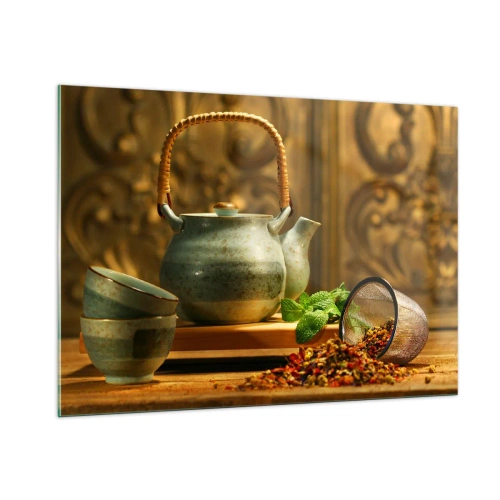 Impression sur verre - Image sur verre - Service à thé en céramique avec des herbes dans une décoration classique - 100x70cm - Un traité sur la consommation de thé - Décoration murale moderne pour le salon et la chambre ARTTOR