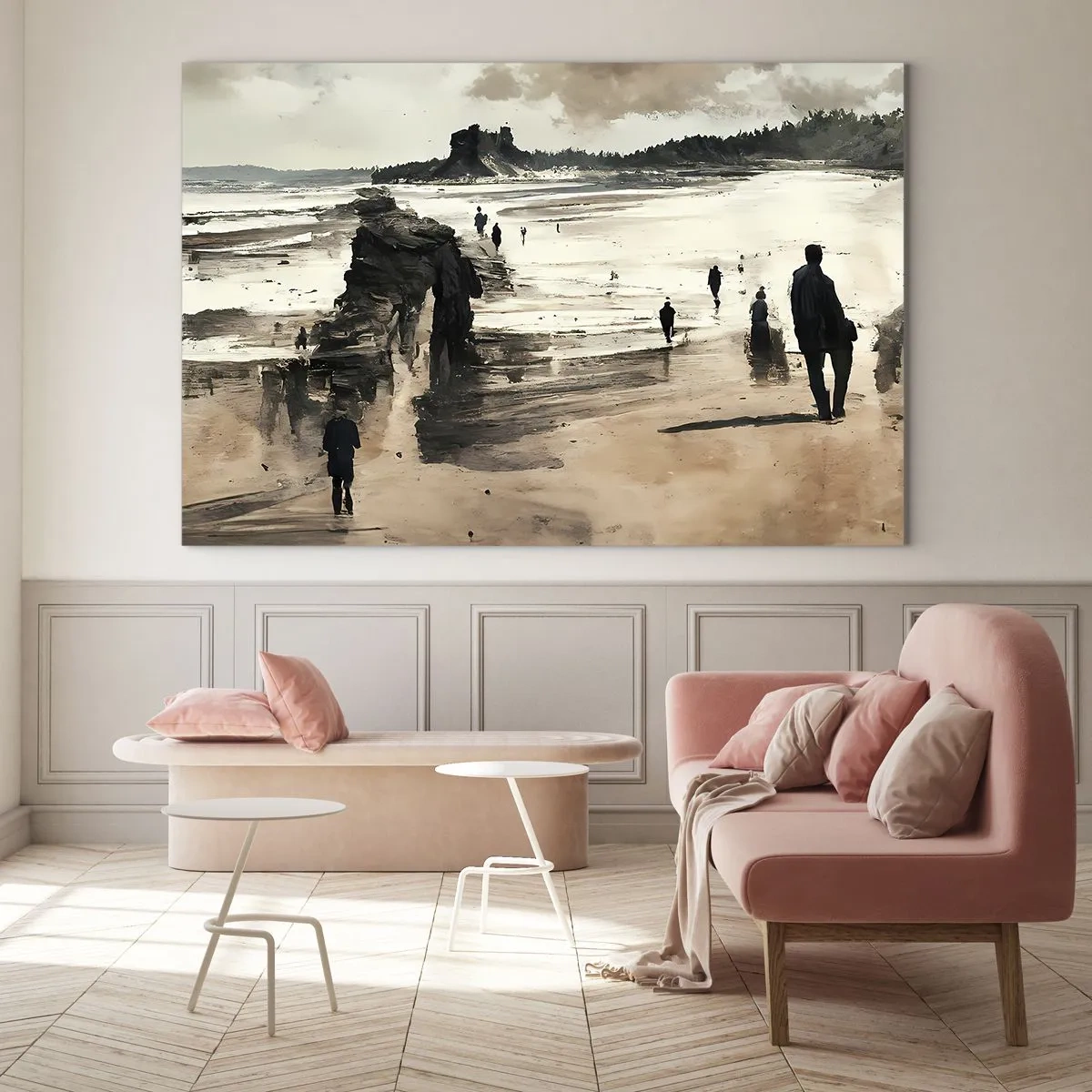 Impression sur verre - Image sur verre - Silhouettes marchant sur une large plage sous un ciel nuageux - 70x50cm - Invoqué - Décoration murale moderne pour le salon et la chambre ARTTOR