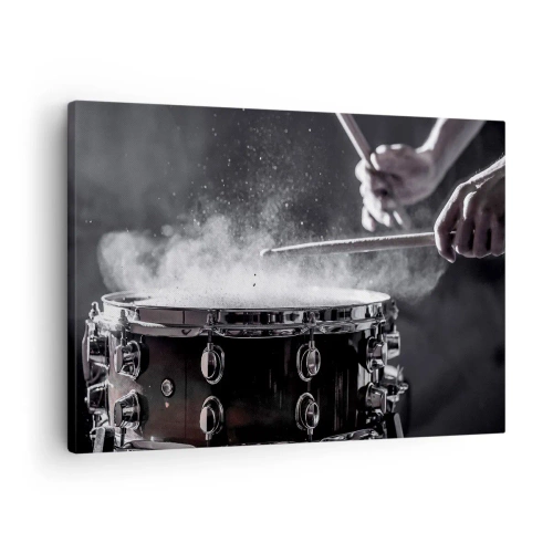 Impression sur toile - Image sur toile - Frapper la caisse claire avec des baguettes avec un effet de poussière - 70x50cm - Tempo de la musique - Décoration murale moderne pour le salon et la chambre ARTTOR