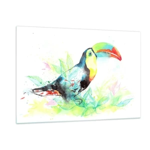 Impression sur verre - Image sur verre - Un toucan coloré dans un paysage aquarelle avec des feuilles - 120x80cm - Aussi coloré que l'Amérique du Sud - Décoration murale moderne pour le salon et la chambre ARTTOR