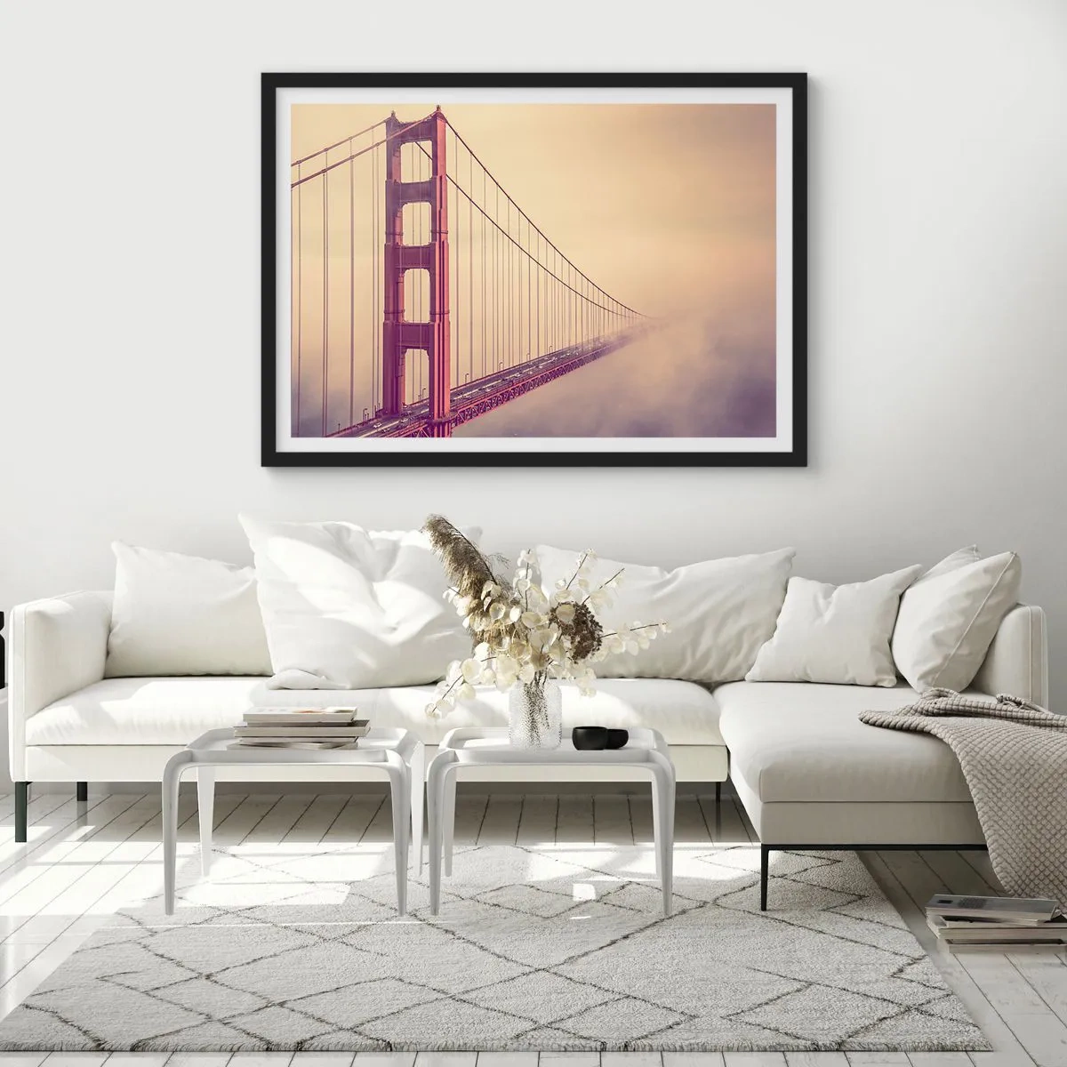 Affiche dans un cadre noir - Poster - Un pont dans le brouillard aux tons pastel, symbole d'élégance et de paix - 70x50cm - Entre ciel et terre - Décoration murale moderne pour le salon et la chambre ARTTOR