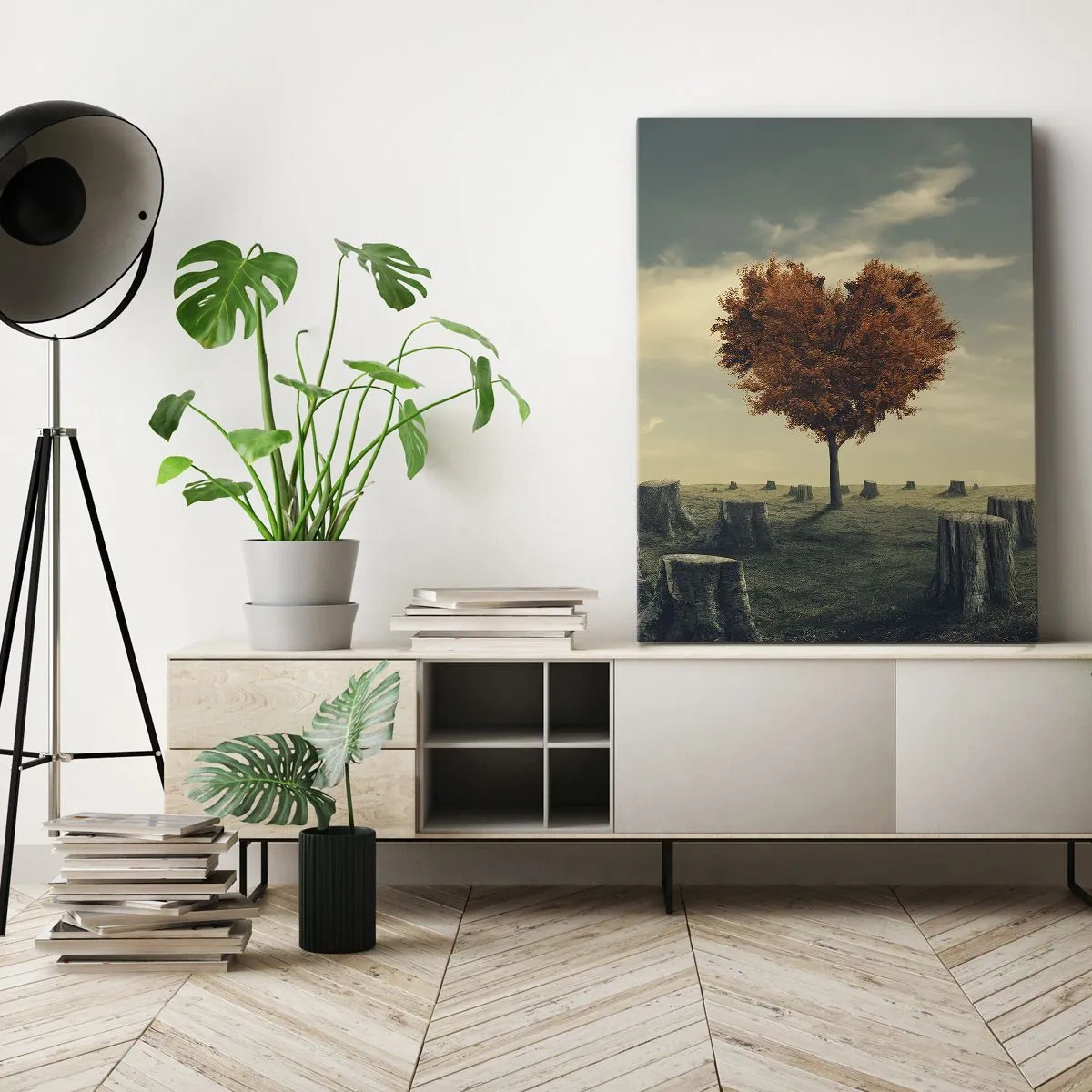 Impression sur toile - Image sur toile - Un arbre en forme de cœur dans un champ de souches, symbole d'espoir - 50x70cm - Il y a toujours de l'espoir - Décoration murale moderne pour le salon et la chambre ARTTOR