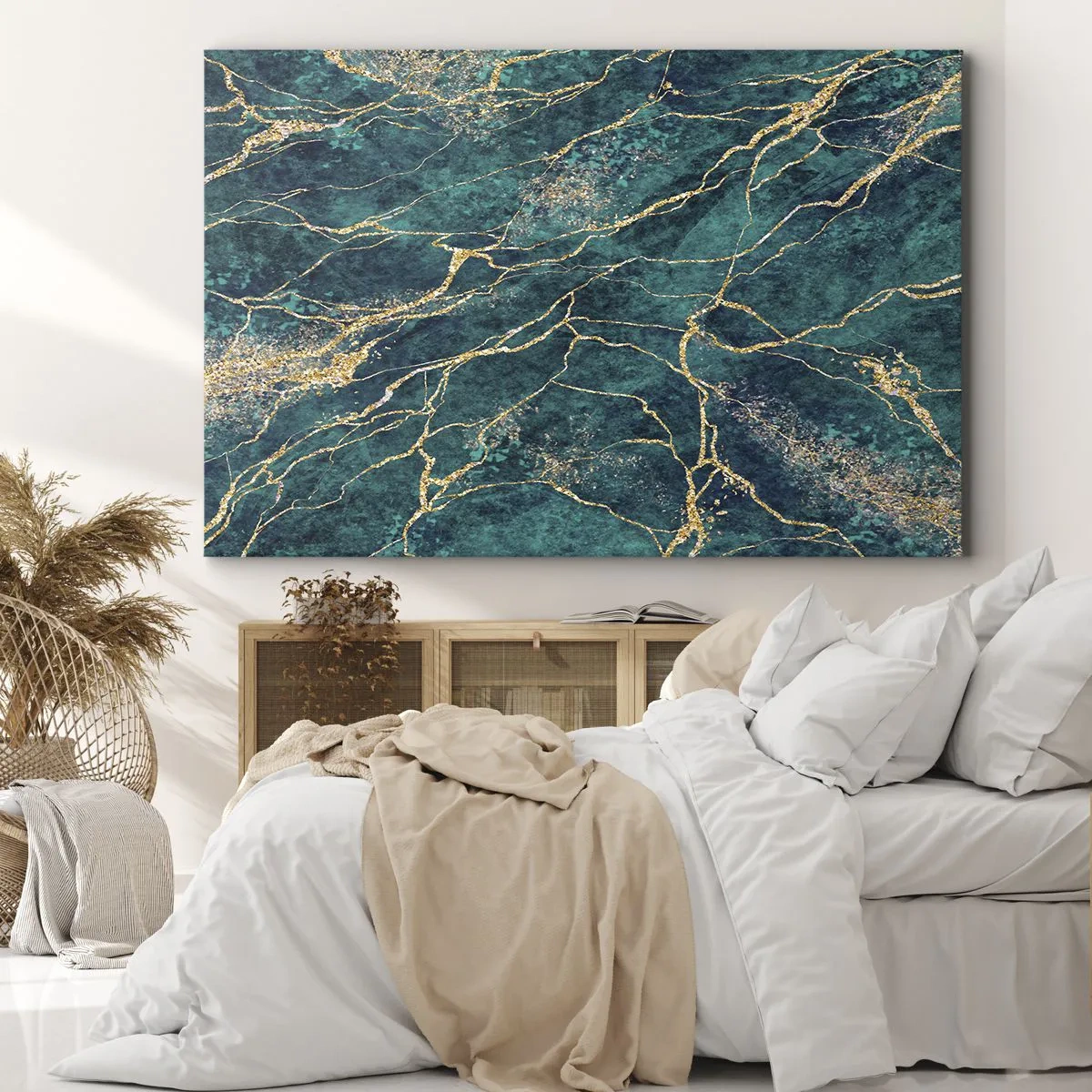 Impression sur toile - Image sur toile - Motif de marbre texturé dans des tons turquoise et or - 70x50cm - Mine d'or - Décoration murale moderne pour le salon et la chambre ARTTOR