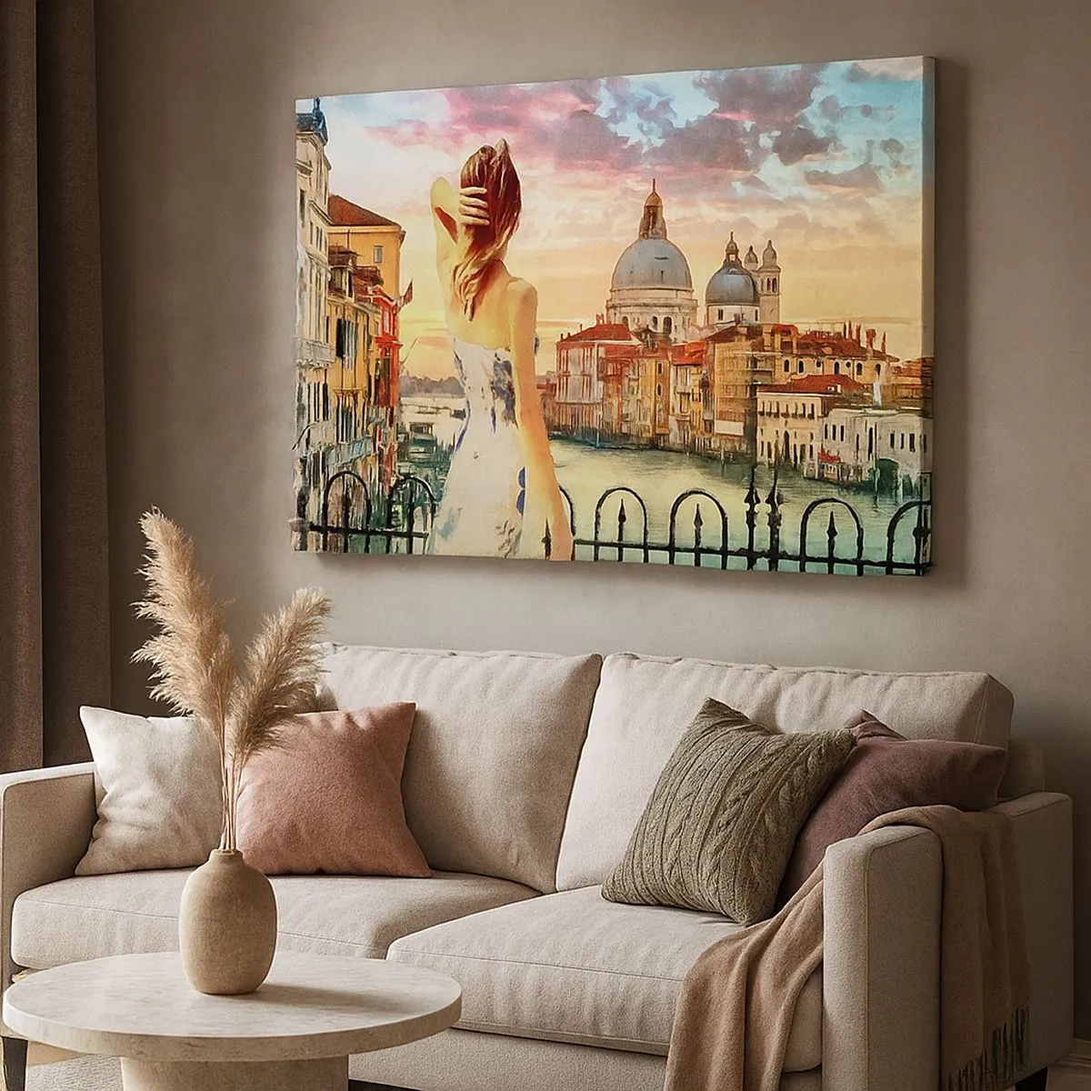 Impression sur toile - Image sur toile - Une femme admirant le paysage pittoresque au bord du canal - 70x50cm - Pour une aventure c'est uniquement dans ... - Décoration murale moderne pour le salon et la chambre ARTTOR