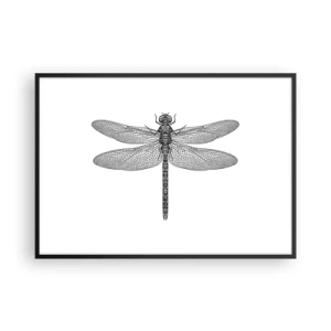 Affiche dans un cadre noir - Poster - Dessin noir et blanc d'une libellule sur fond blanc dans un style minimaliste - 100x70cm - Précision de la nature - Décoration murale moderne pour le salon et la chambre ARTTOR