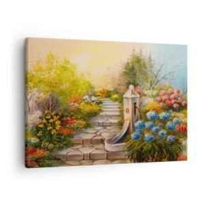 Impression sur toile - Image sur toile - Un jardin pittoresque avec une fontaine et des fleurs colorées - 70x50cm - En pleine floraison - Décoration murale moderne pour le salon et la chambre ARTTOR