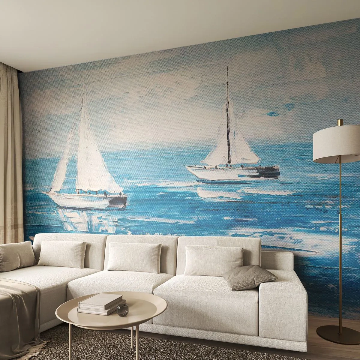 Papier Peint Photo Premium Sand - Deux voiliers sur une mer bleue calme - 100x70cm - Avec un ami à mes côtés - Décoration murale moderne pour le salon et la chambre ARTTOR