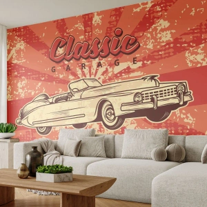 Papier Peint Photo Premium Canvas - Affiche rétro avec une voiture classique et les mots Classic Garage - 100x70cm - Et à la radio, Elvis - Décoration murale moderne pour le salon et la chambre ARTTOR