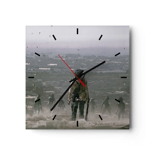 Horloge murale - Pendule murale - Une silhouette avec une arme se tient devant un groupe dans un paysage dystopique. - 30x30cm - Dernier samaritain ? - Décoration murale moderne pour le salon et la chambre ARTTOR