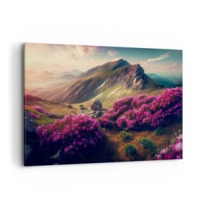 Impression sur toile - Image sur toile - Paysage de montagne avec des rhododendrons en fleurs - 100x70cm - L'été à la montagne - Décoration murale moderne pour le salon et la chambre ARTTOR