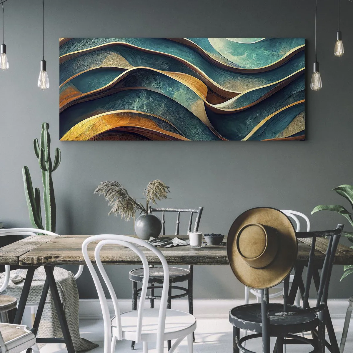 Impression sur toile - Image sur toile - Vagues abstraites dans des tons turquoise et or - 120x50cm - Méandres de bleu - Décoration murale moderne pour le salon et la chambre ARTTOR