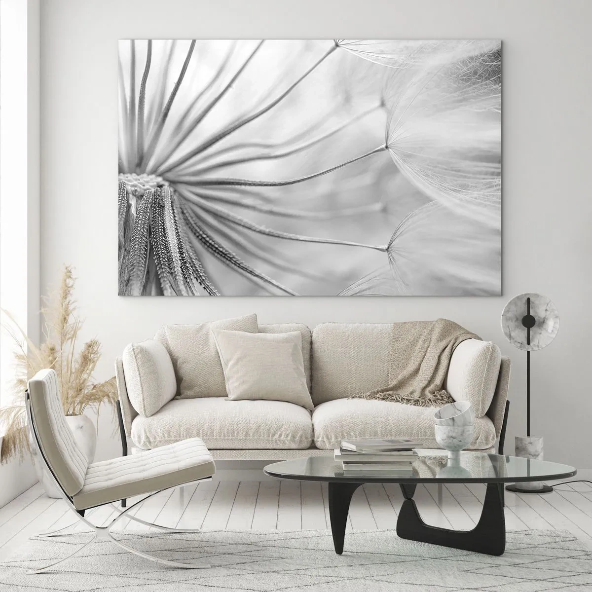 Impression sur verre - Image sur verre - Photographie macro d'un pissenlit dans des tons de noir et blanc - 70x50cm - Aigrette avant son envol - Décoration murale moderne pour le salon et la chambre ARTTOR