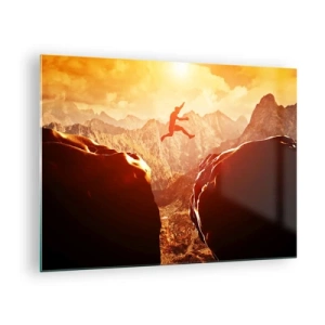 Impression sur verre - Image sur verre - Sauter par-dessus un gouffre dans un paysage de montagne au coucher du soleil - 70x50cm - Dépassement des limites - Décoration murale moderne pour le salon et la chambre ARTTOR