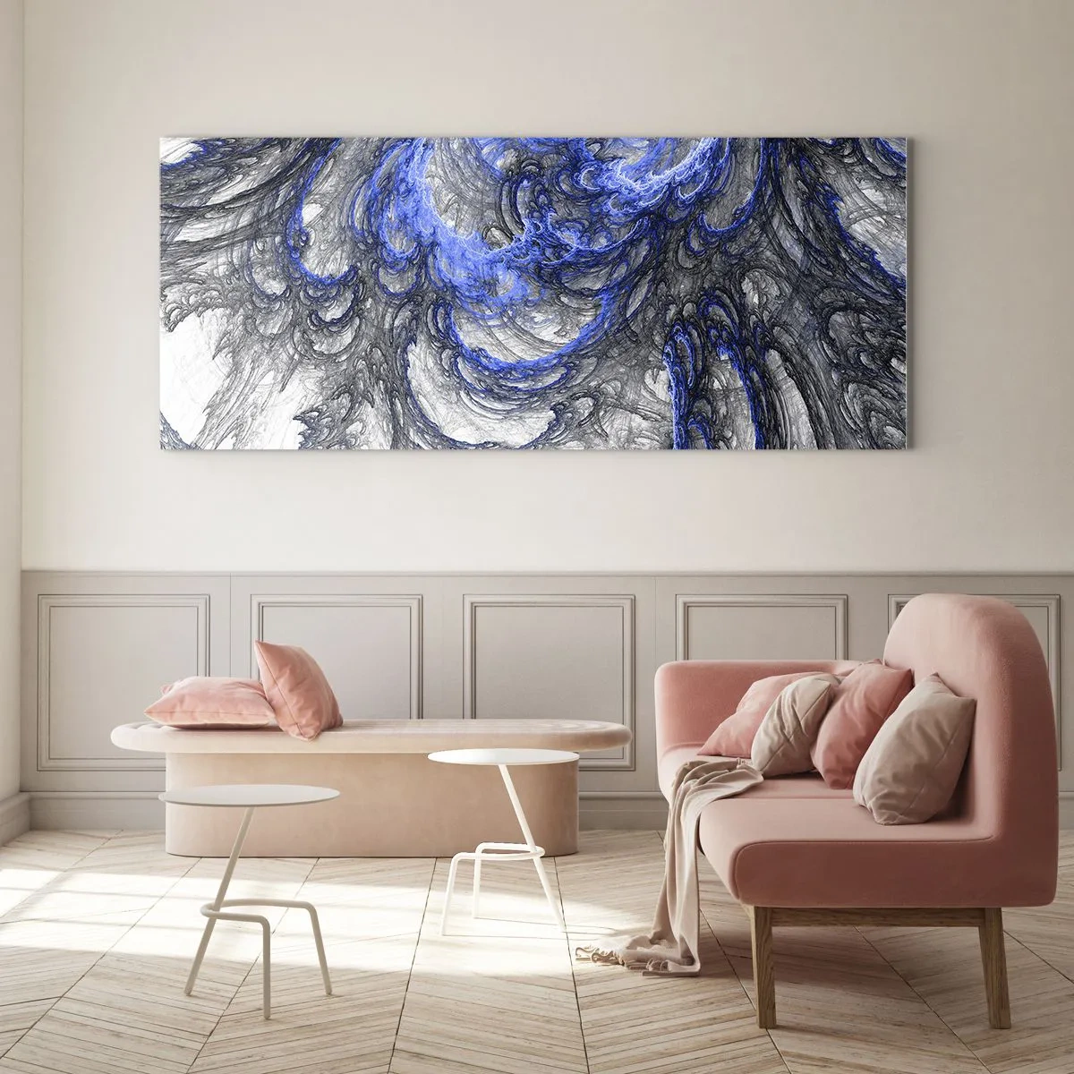 Impression sur verre - Image sur verre - Vagues abstraites dans des tons de bleu et de gris - 140x50cm - La naissance d'une vague - Décoration murale moderne pour le salon et la chambre ARTTOR