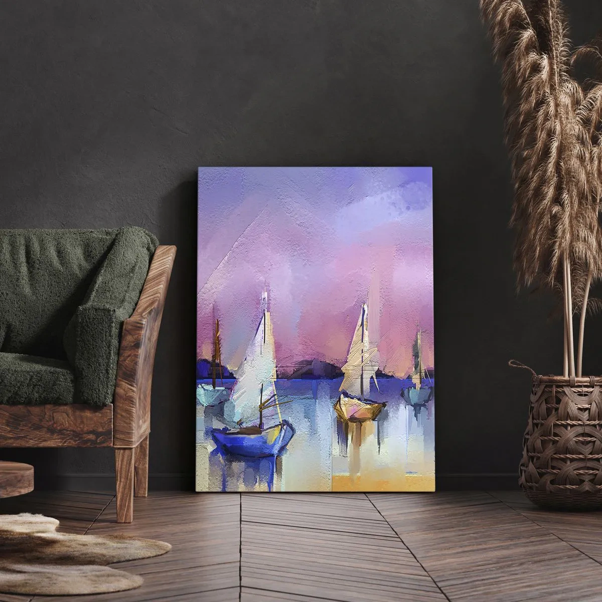 Impression sur toile - Image sur toile - Voiliers sur une mer calme aux couleurs pastel du coucher de soleil - 50x70cm - Direction: les eaux larges - Décoration murale moderne pour le salon et la chambre ARTTOR
