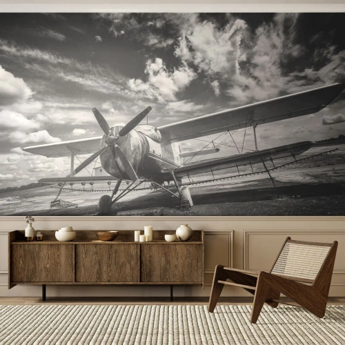 Papier Peint Photo Premium Sand - Je suis impatient! - Avion, Avion, Noir et blanc - 150x105 cm