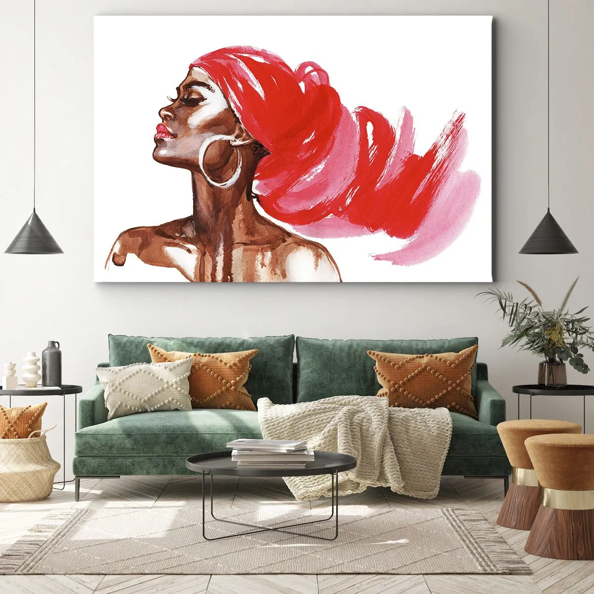 Impression sur toile - Image sur toile - Profil d'une femme avec un turban rouge et des boucles d'oreilles - 70x50cm - "Les cheveux dans le vent" - Décoration murale moderne pour le salon et la chambre ARTTOR