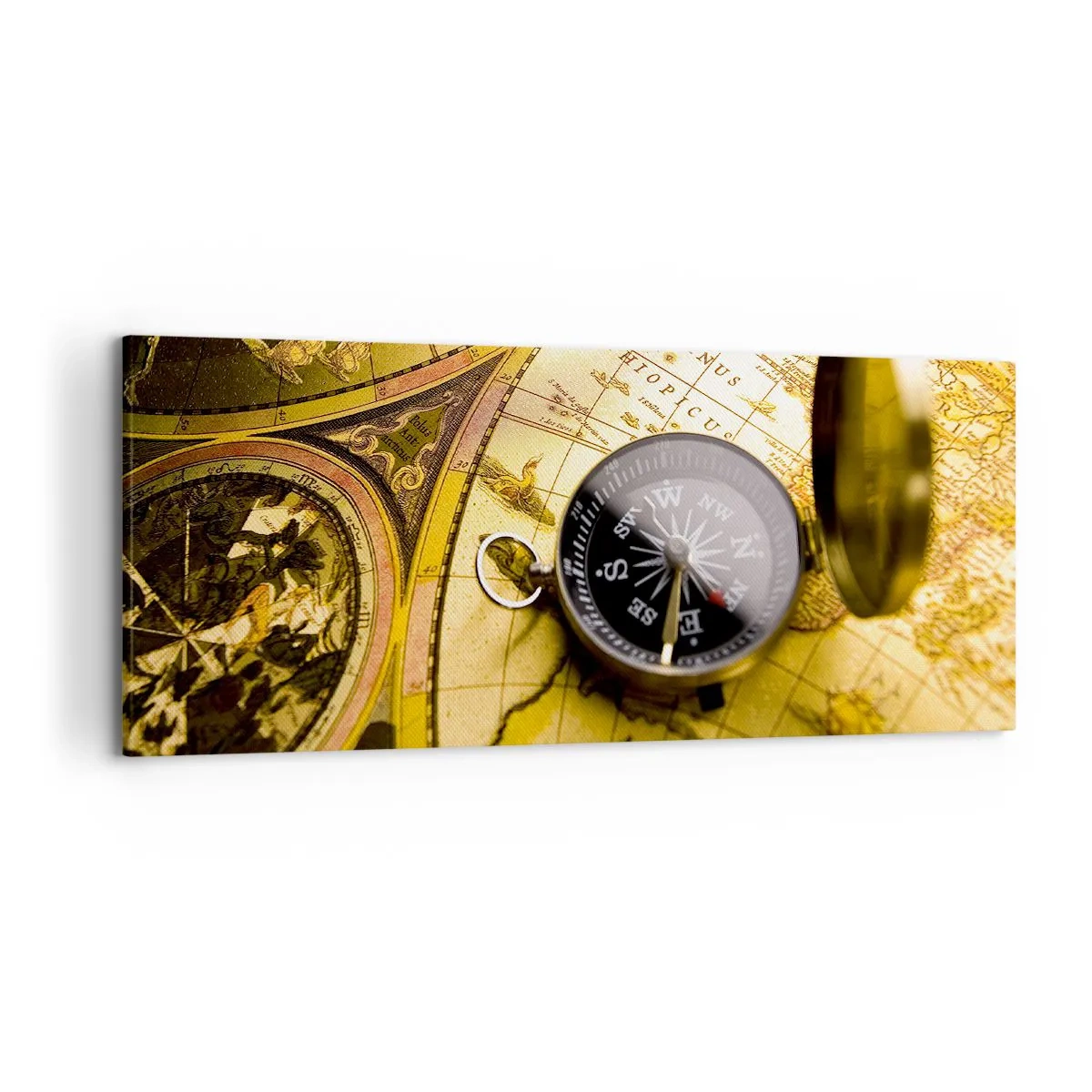 Impression sur toile - Image sur toile - Une boussole antique sur fond d'une vieille carte du monde - 120x50cm - Ou peut-être jusqu'au bout du monde ? - Décoration murale moderne pour le salon et la chambre ARTTOR