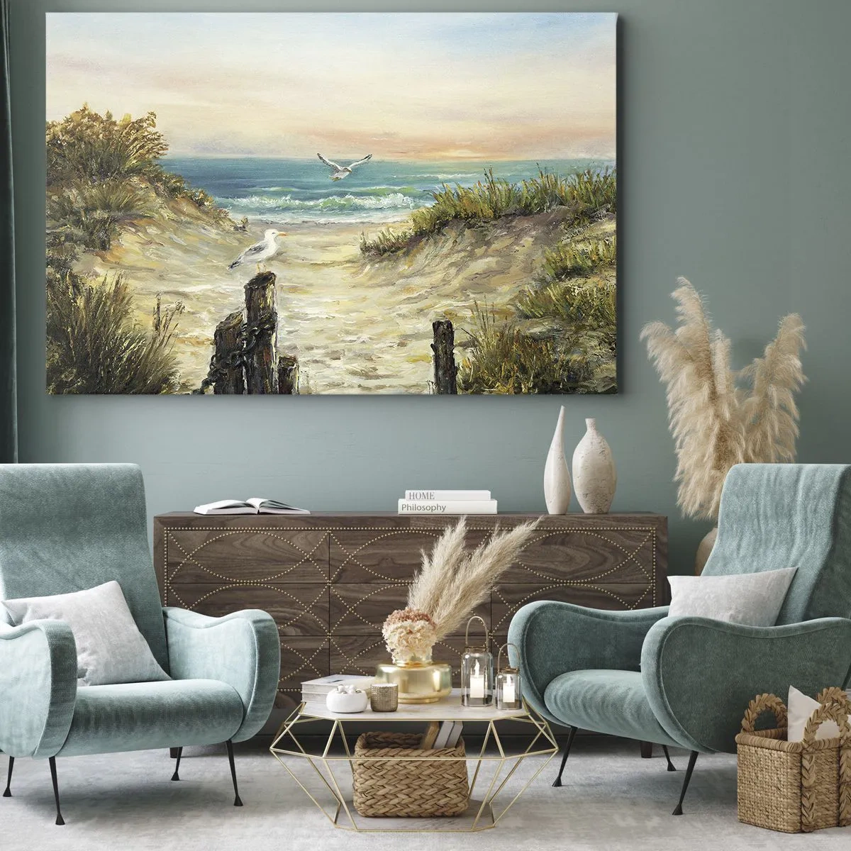 Impression sur toile - Image sur toile - Côte avec mouettes et dunes au coucher du soleil - 120x80cm - Retraite au calme - Décoration murale moderne pour le salon et la chambre ARTTOR