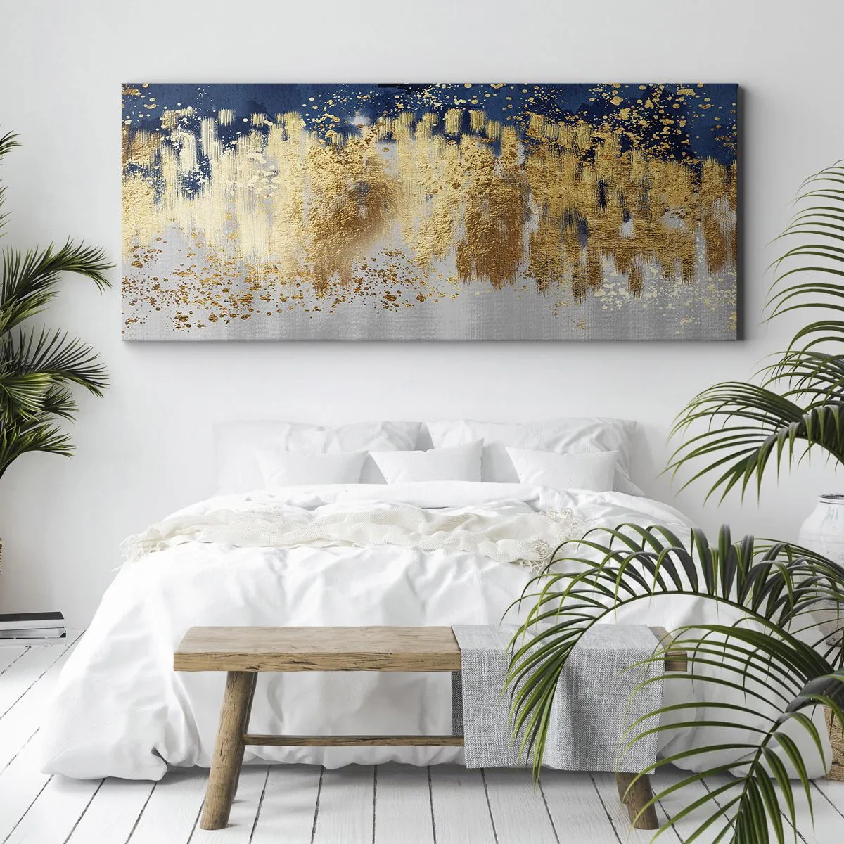 Impression sur toile - Image sur toile - Une composition abstraite dans des tons d'or et de bleu marine. - 140x50cm - Une composition moderne et pétillante - Décoration murale moderne pour le salon et la chambre ARTTOR