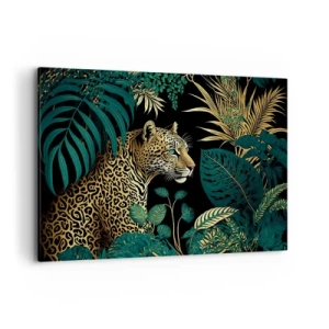 Impression sur toile - Image sur toile - Léopard dans des feuilles tropicales sur fond noir - 120x80cm - Un hôte dans la jungle - Décoration murale moderne pour le salon et la chambre ARTTOR