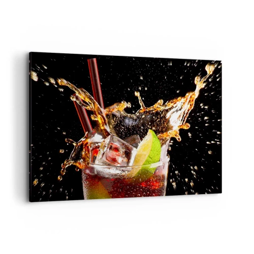 Impression sur toile - Image sur toile - Un verre de boisson, citron vert et glace au moment des éclaboussures dynamiques - 100x70cm - Joie et énergie des couleurs - Décoration murale moderne pour le salon et la chambre ARTTOR