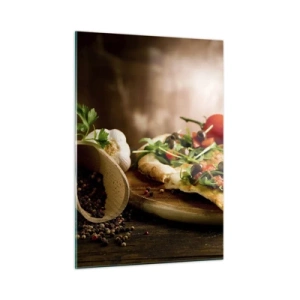 Impression sur verre - Image sur verre - Pizza sur une planche de bois avec roquette et tomates - 50x70cm - Directement du four et du jardin - Décoration murale moderne pour le salon et la chambre ARTTOR