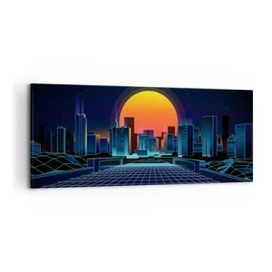 Impression sur toile - Image sur toile - Horizon urbain futuriste de style néon - 120x50cm - Vous voulez toujours passer au réel ? - Décoration murale moderne pour le salon et la chambre ARTTOR