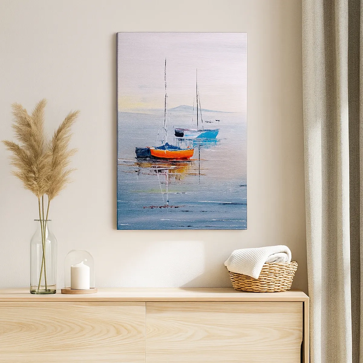Impression sur toile - Image sur toile - Bateaux colorés sur une eau calme - 50x70cm - Un repos bien mérité - Décoration murale moderne pour le salon et la chambre ARTTOR
