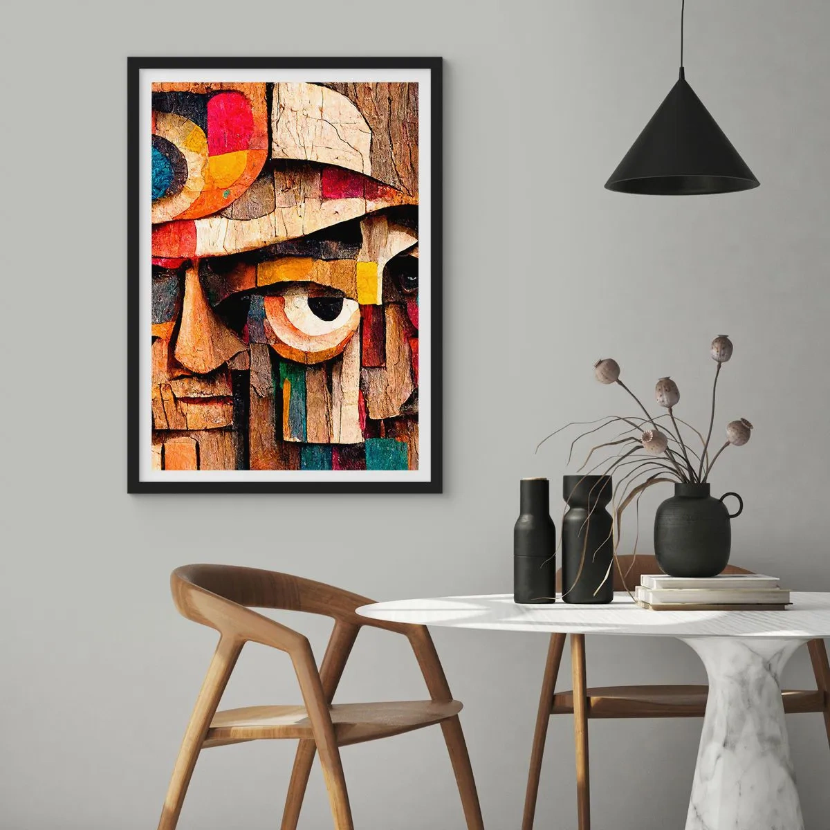 Affiche dans un cadre noir - Poster - Un visage abstrait composé de blocs de bois colorés. - 50x70cm - Je te vois… - Décoration murale moderne pour le salon et la chambre ARTTOR