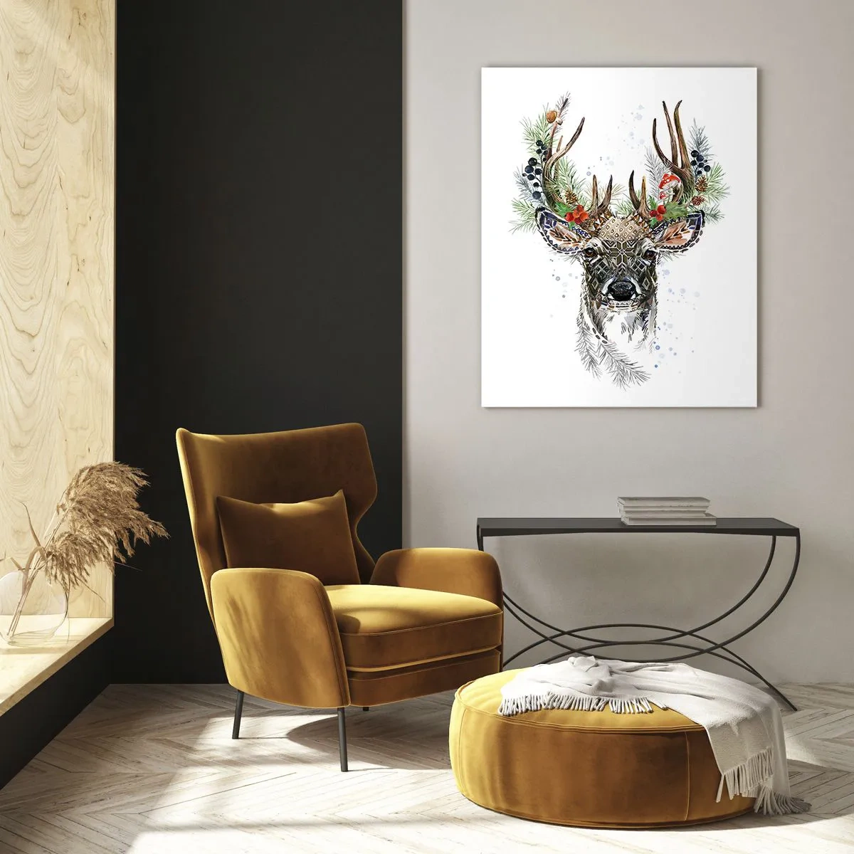 Impression sur verre - Image sur verre - Portrait d'un cerf avec des décorations de Noël, des branches et des baies - 50x70cm - En robe de fête - Décoration murale moderne pour le salon et la chambre ARTTOR