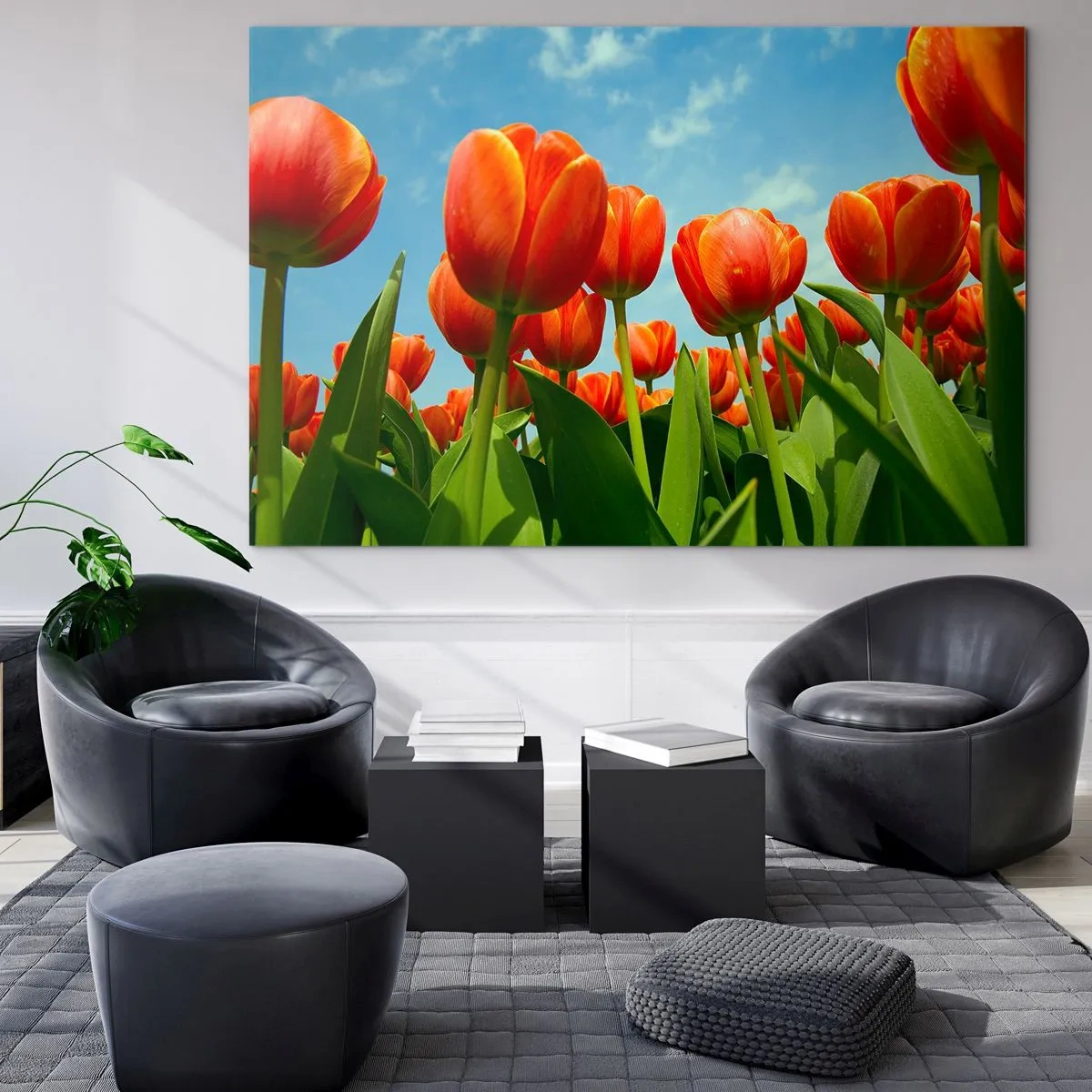 Impression sur verre - Image sur verre - Un champ de tulipes rouges sous un ciel bleu - 120x80cm - A part le ciel bleu, ils n'ont besoin de rien dans leur vie - Décoration murale moderne pour le salon et la chambre ARTTOR