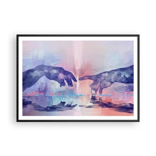 Affiche dans un cadre noir - Poster - Mains symboliques aux couleurs abstraites, faisant référence au thème de la création - 100x70cm - Divine étincelle de vie - Décoration murale moderne pour le salon et la chambre ARTTOR