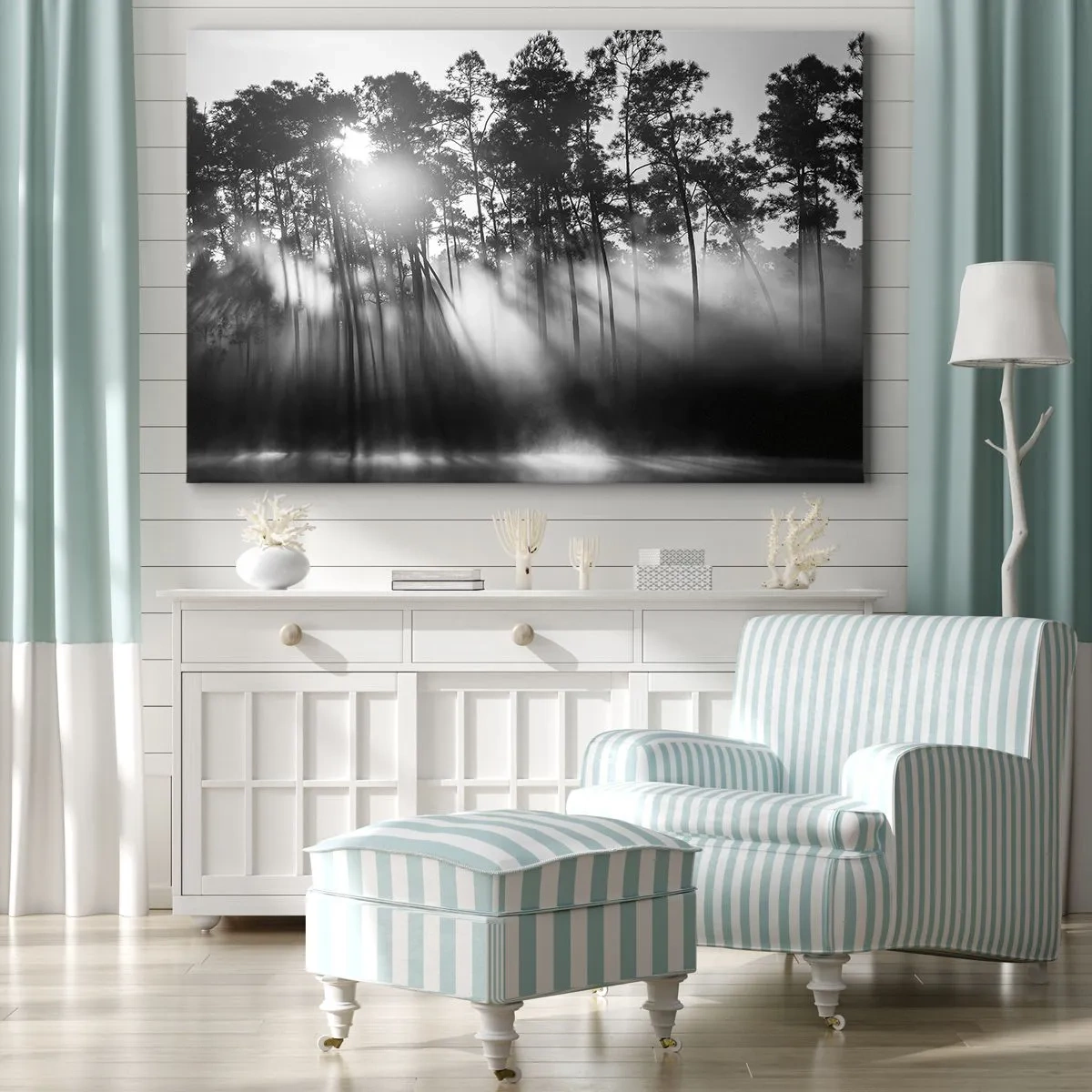 Impression sur toile - Image sur toile - Forêt noire et blanche dans le brouillard du matin - 70x50cm - Soleil inarrêtable - Décoration murale moderne pour le salon et la chambre ARTTOR