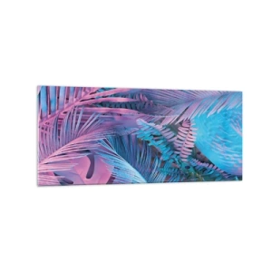 Impression sur verre - Image sur verre - Feuilles tropicales dans les tons de rose et de bleu - 120x50cm - Les tropiques en rose et bleu - Décoration murale moderne pour le salon et la chambre ARTTOR