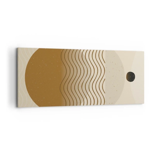 Impression sur toile - Image sur toile - Abstraction géométrique avec des cercles et des lignes ondulées aux couleurs chaudes. - 120x50cm - Sur l'origine des figures géométriques - Décoration murale moderne pour le salon et la chambre ARTTOR