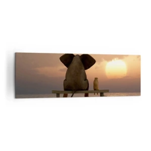 Impression sur toile - Image sur toile - Un éléphant et un chien sont assis sur un banc sur la plage au coucher du soleil. - 160x50cm - C'est bon de garder le silence ensemble - Décoration murale moderne pour le salon et la chambre ARTTOR