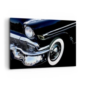 Impression sur toile - Image sur toile - Gros plan du phare et du garde-boue d'une voiture classique noire - 100x70cm - Classique en argent, noir et blanc - Décoration murale moderne pour le salon et la chambre ARTTOR