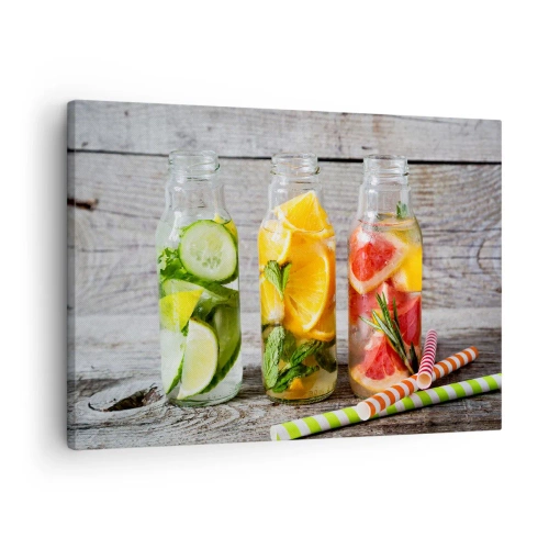 Impression sur toile - Image sur toile - Bouteilles d'eau fruitée et d'herbes sur fond de bois - 70x50cm - Sain par nature - Décoration murale moderne pour le salon et la chambre ARTTOR