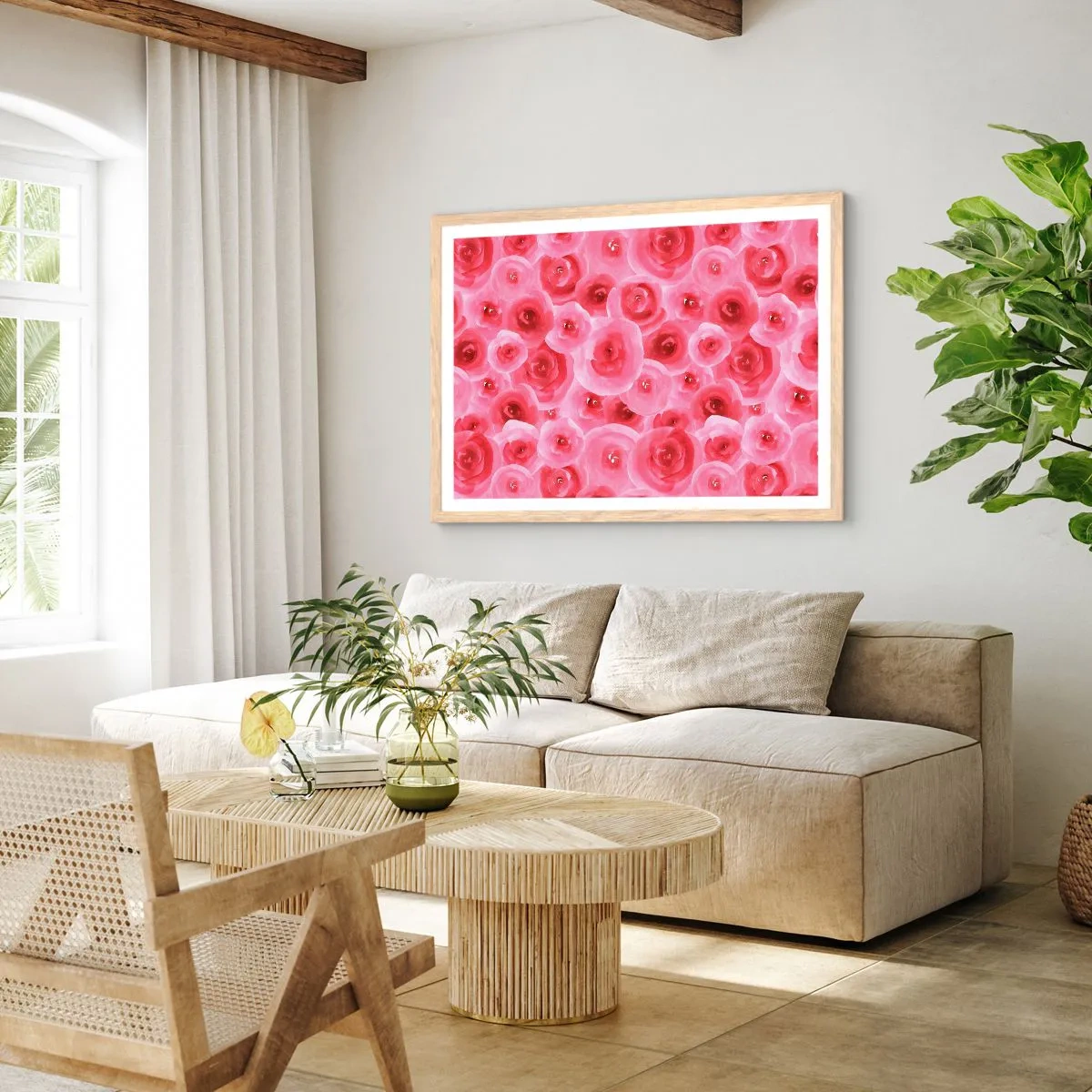 Affiche dans un chêne clair - Poster - Roses en-haut et en-bas - 70x50 cm
