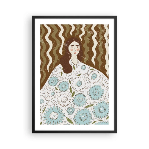 Affiche dans un cadre noir - Poster - Portrait stylisé d'une femme en robe fleurie sur fond de motifs ondulés. - 50x70cm - Portrait en robe fleurie - Décoration murale moderne pour le salon et la chambre ARTTOR